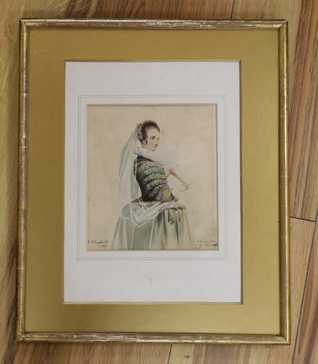 M J Campbell (19th century British), watercolour, ‘Costume, Time of Elizabeth’, signed and dated 1837, 19 x 17cm